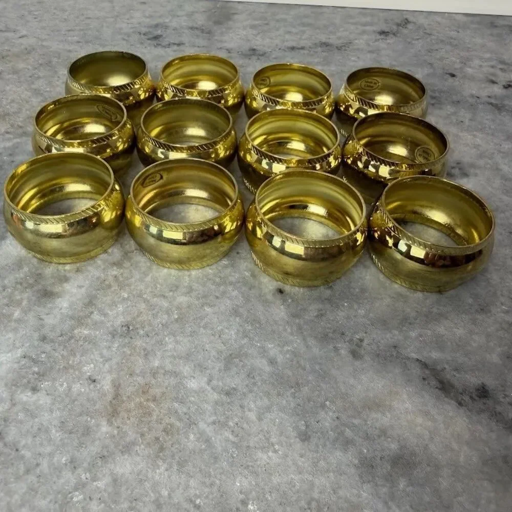 Set of 12 Vintage Polished Brass Napkin Rings with Gadroon Twisted Rope Edge